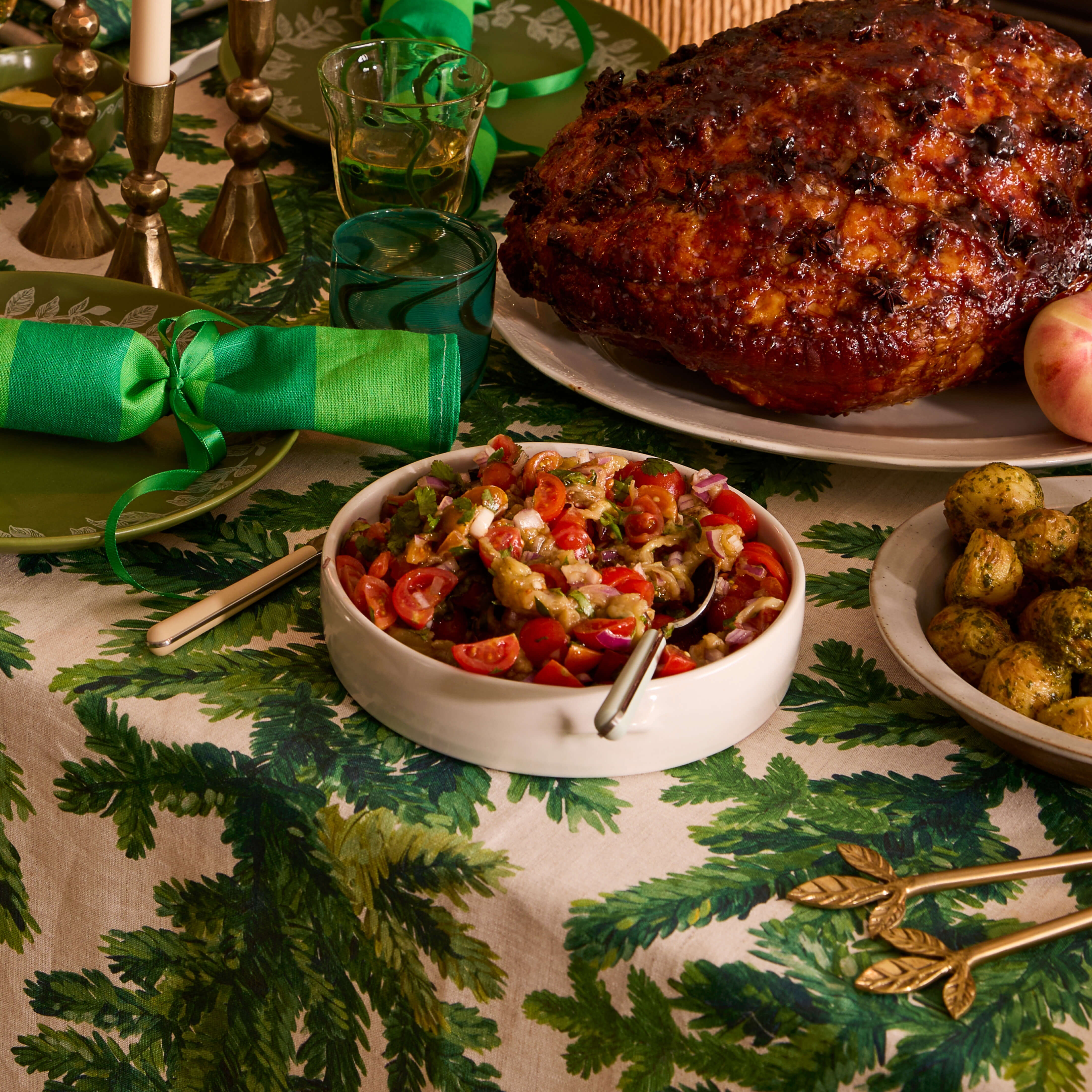 A festive table with foods and drinks