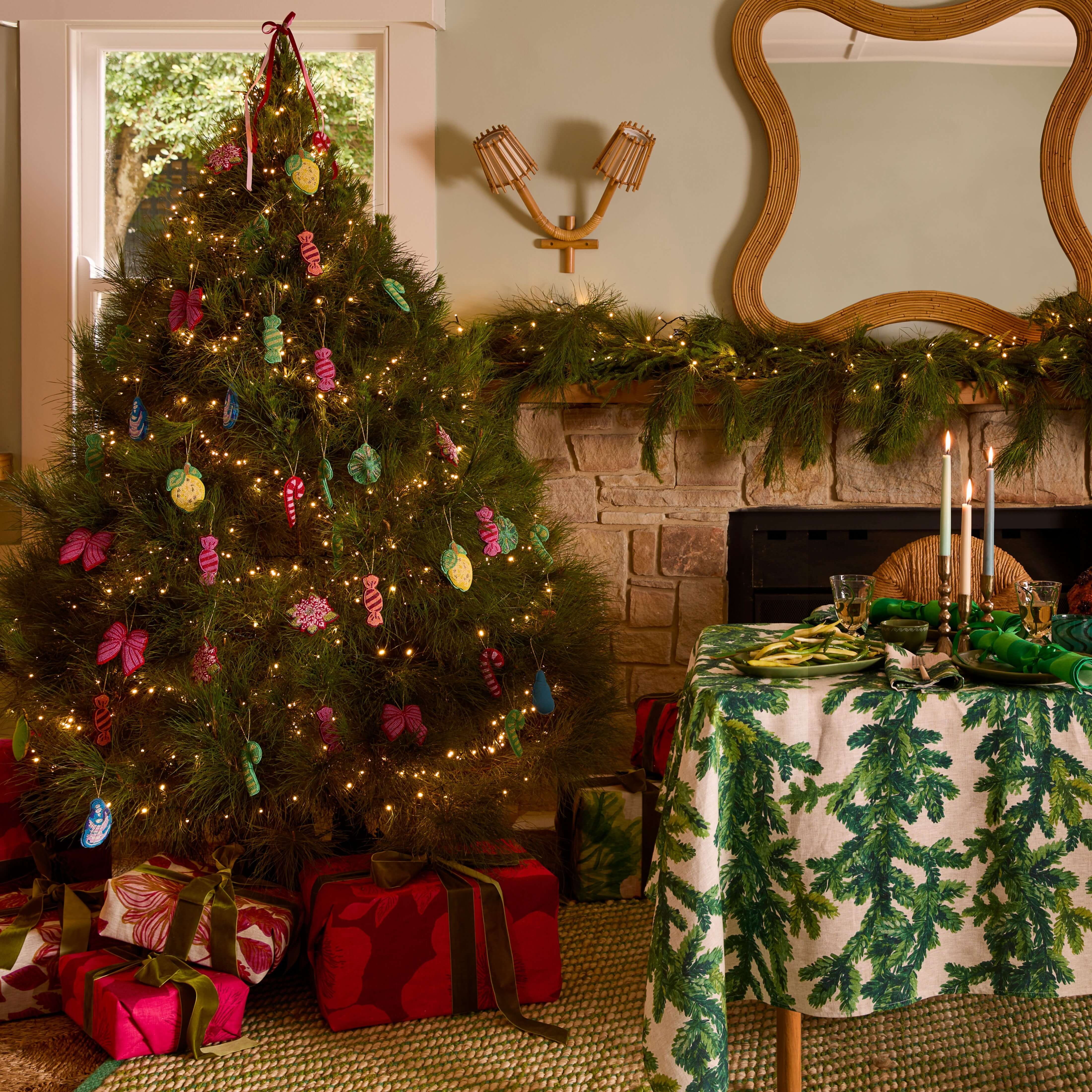 A Christmas tree and beautiful table setting