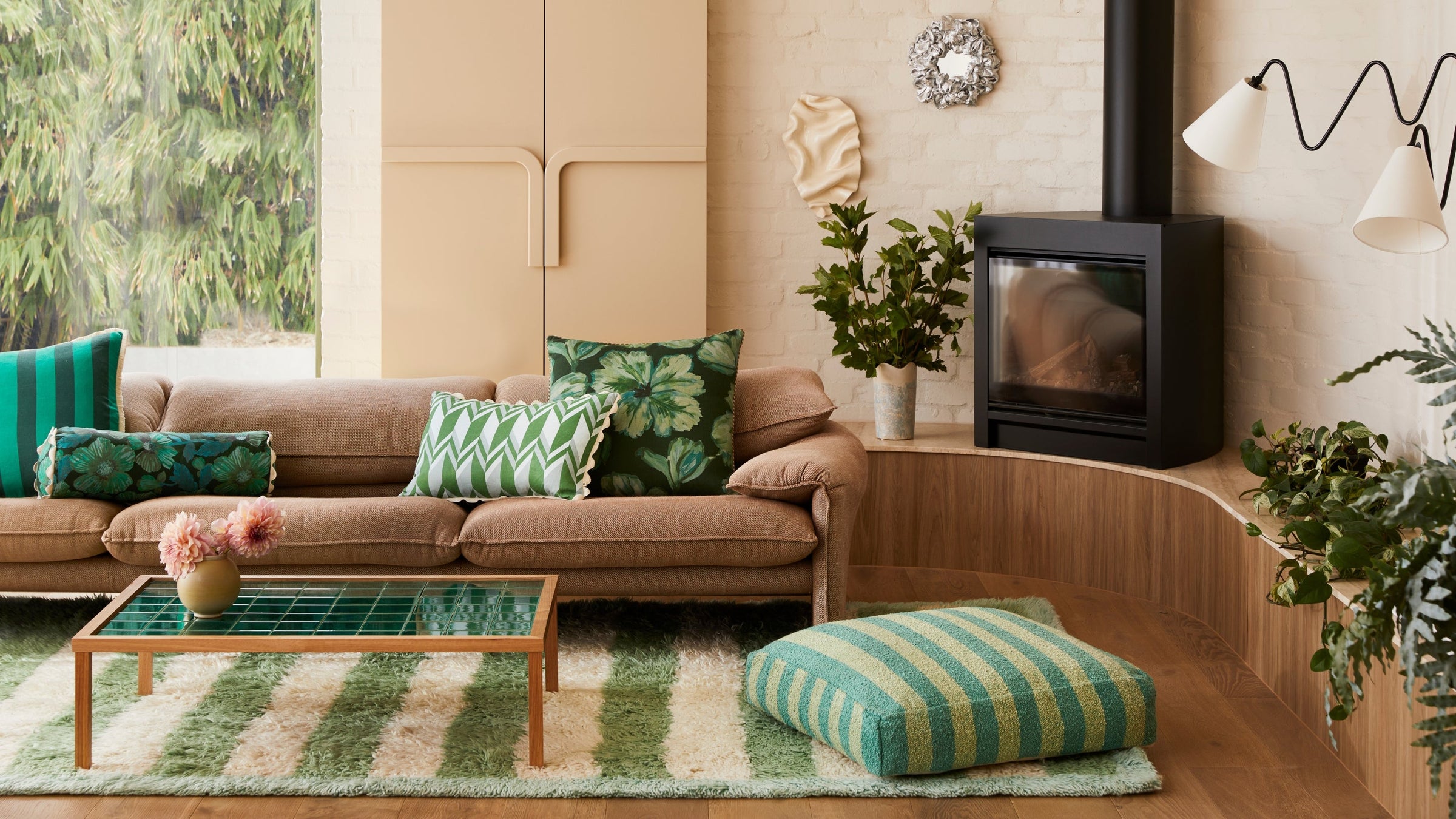 Gorgeous Green | Green Linen Cushions, Green Wool Rug & Green Boucle Floor Cushion