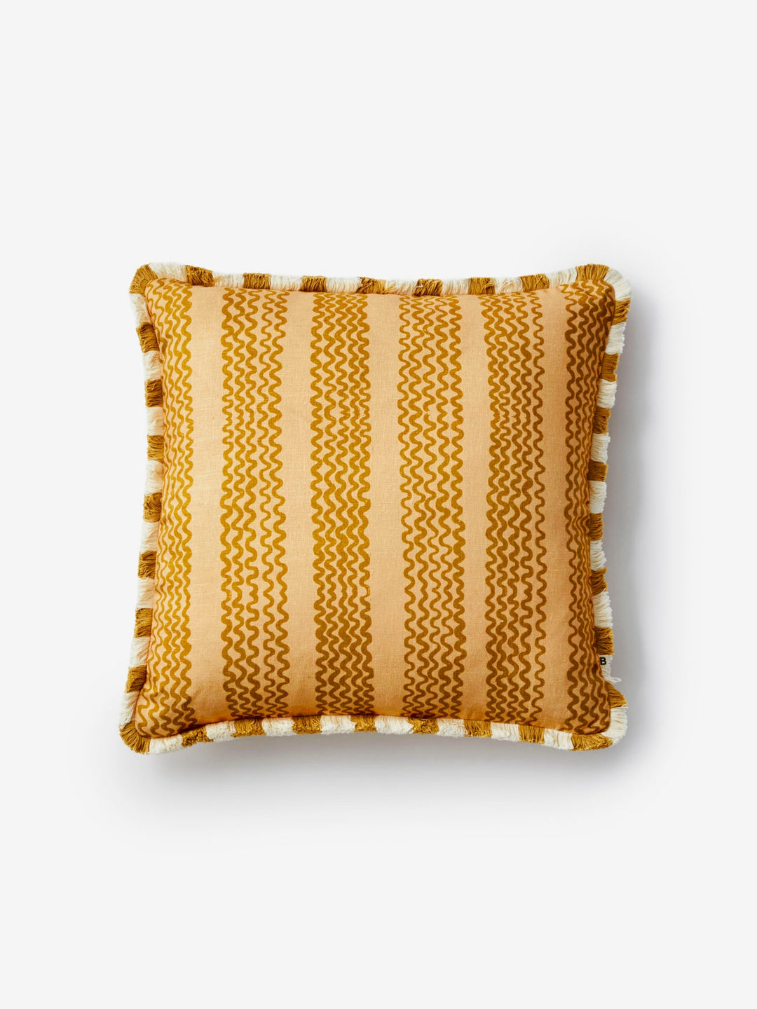 Striped pillow with yellow and beige pattern on a white background