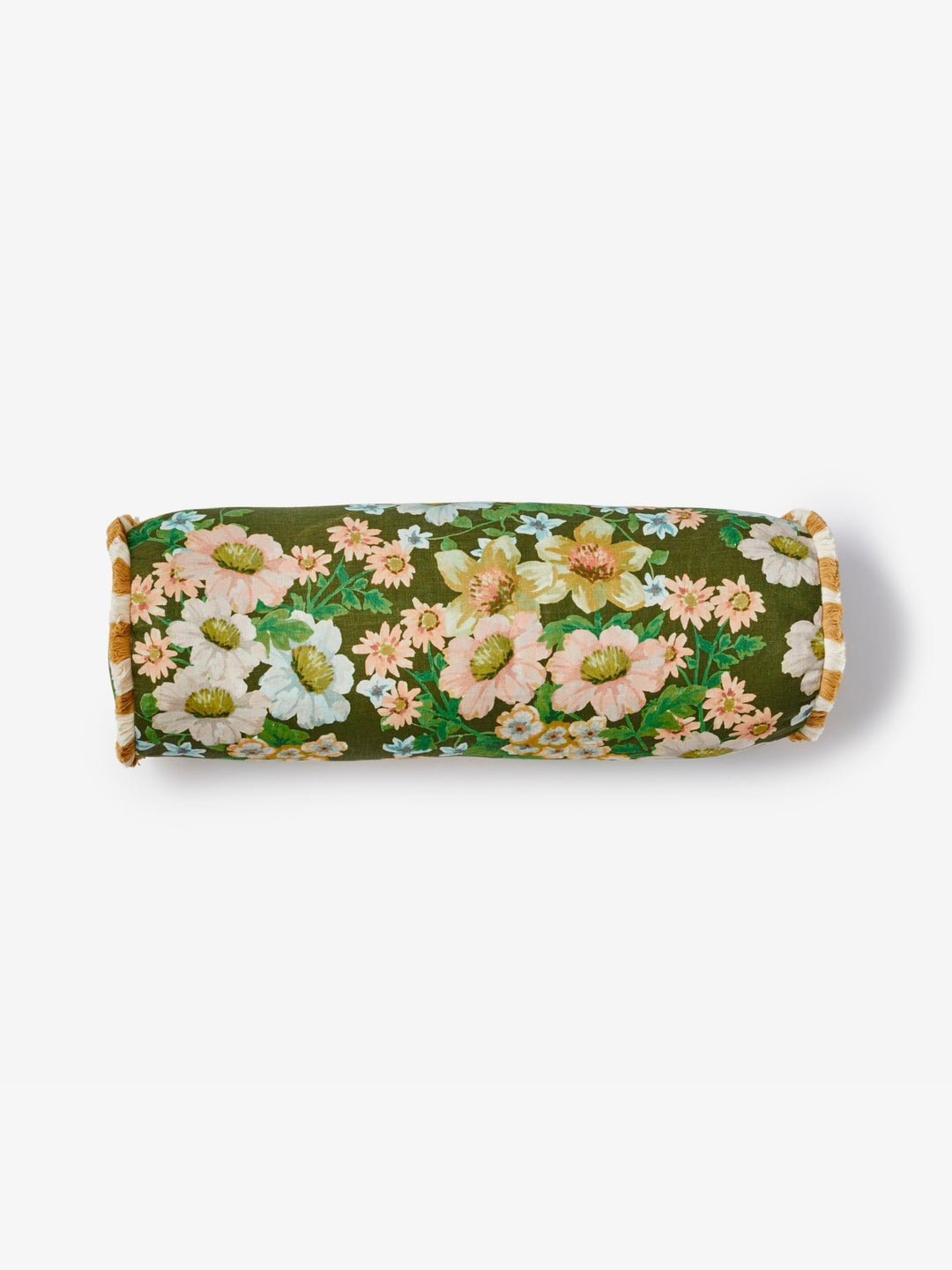 Olive green floral-patterned bolster pillow on a white background