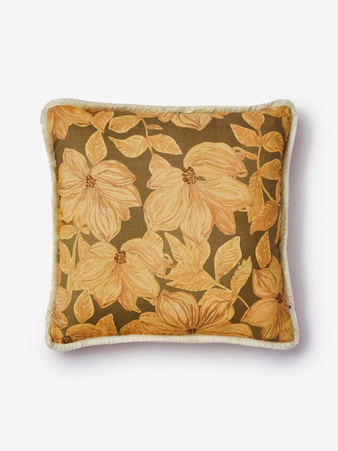 Decorative pillow with brown and yellow floral pattern on a white background