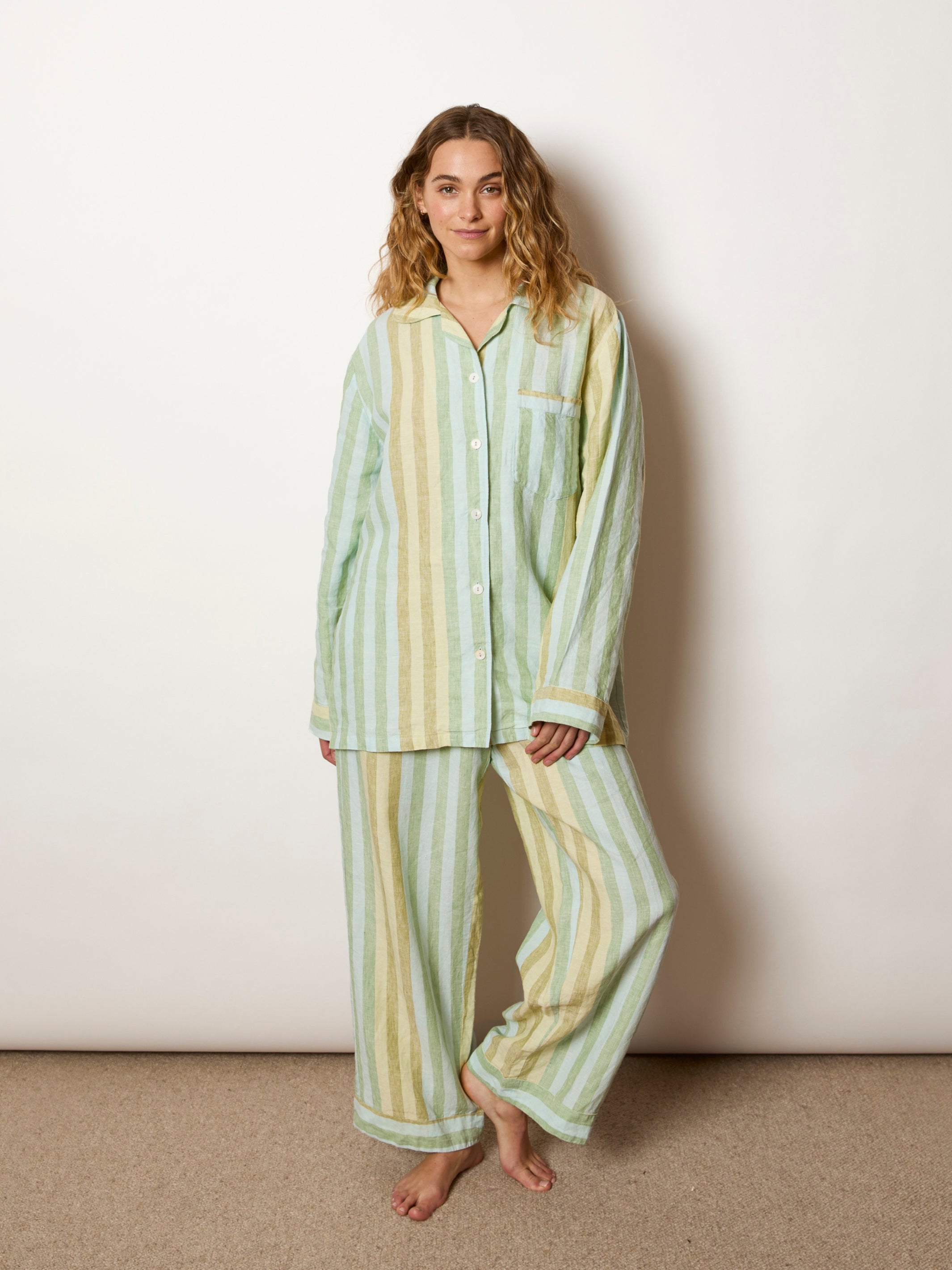 Stripe Blue Green Linen Pyjama Set