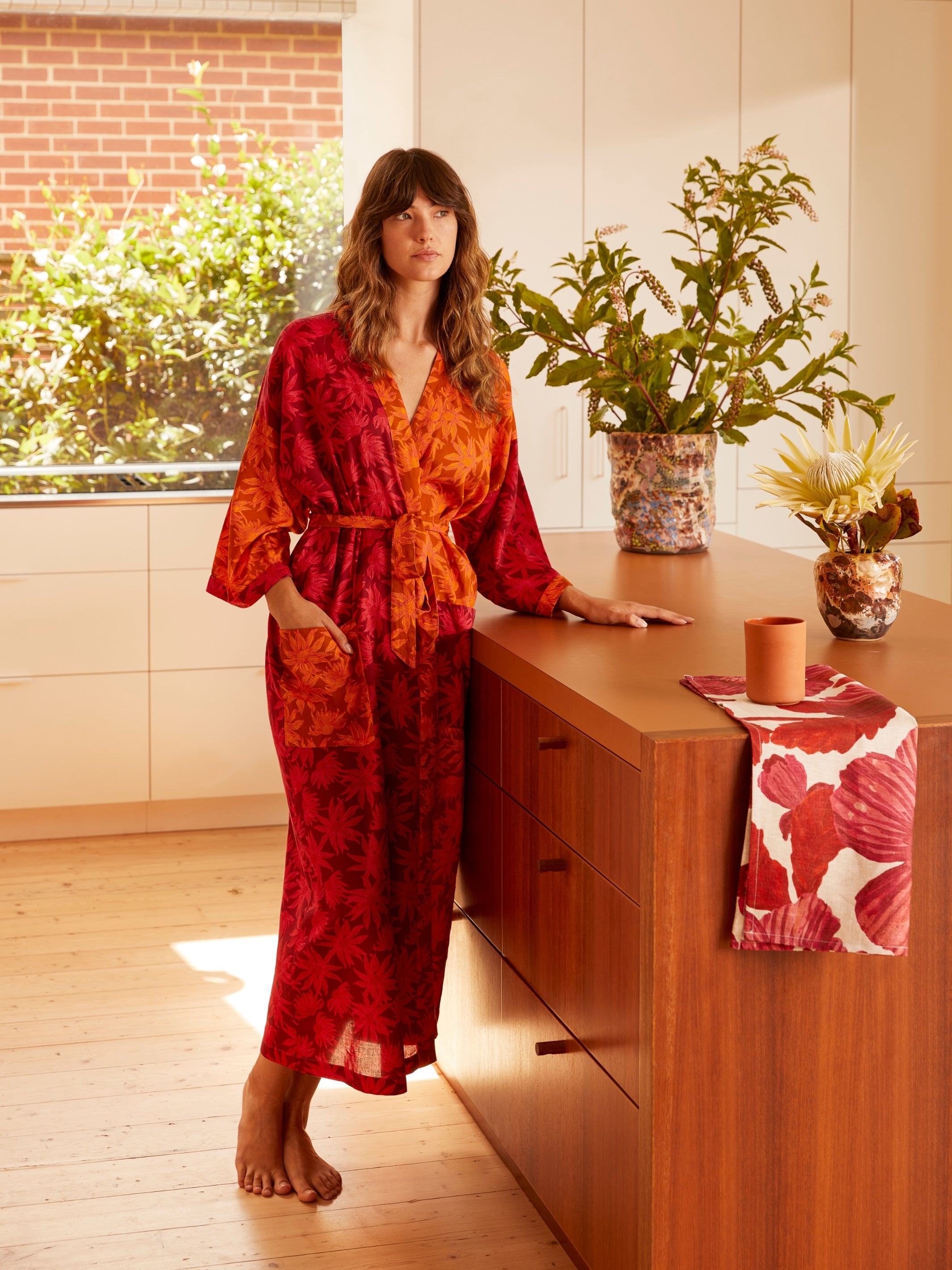 Flannel Flower Cerise Tan Robe - Almost Perfect