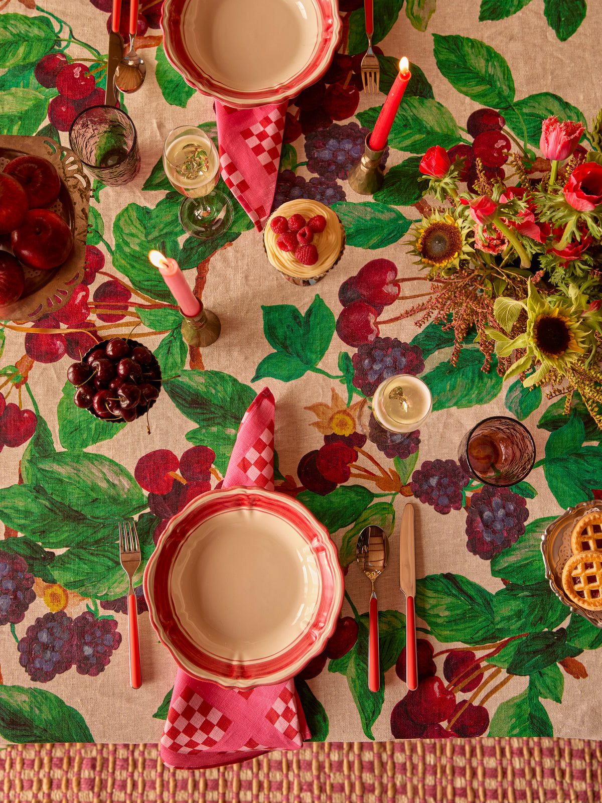 Cherries and Berries Multi Linen Tablecloth