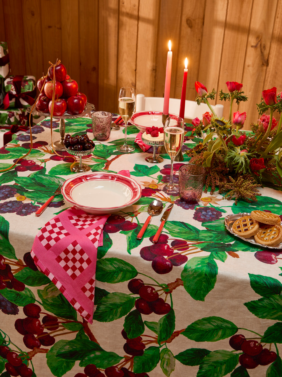 Cherries and Berries Multi Linen Tablecloth