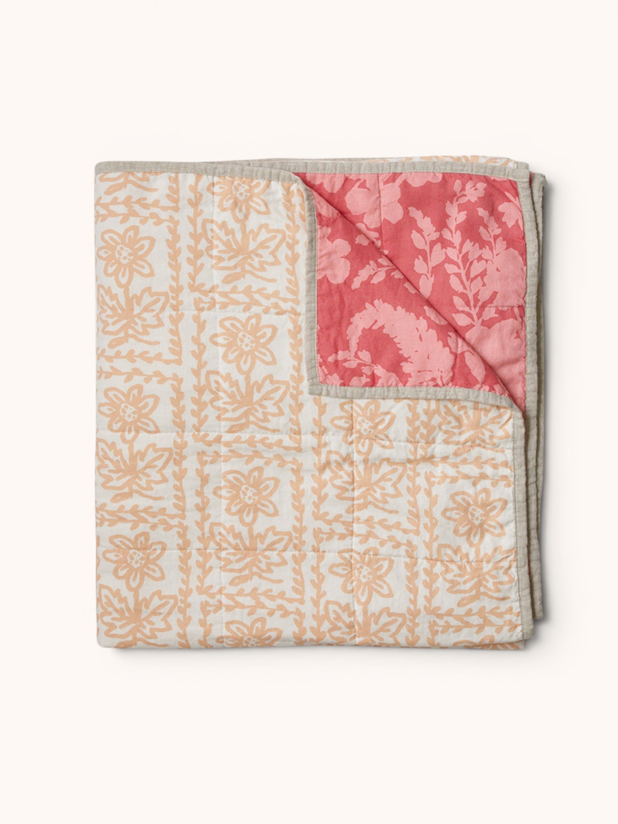 Petal Pink & Daisy Buff Linen Quilted Throw