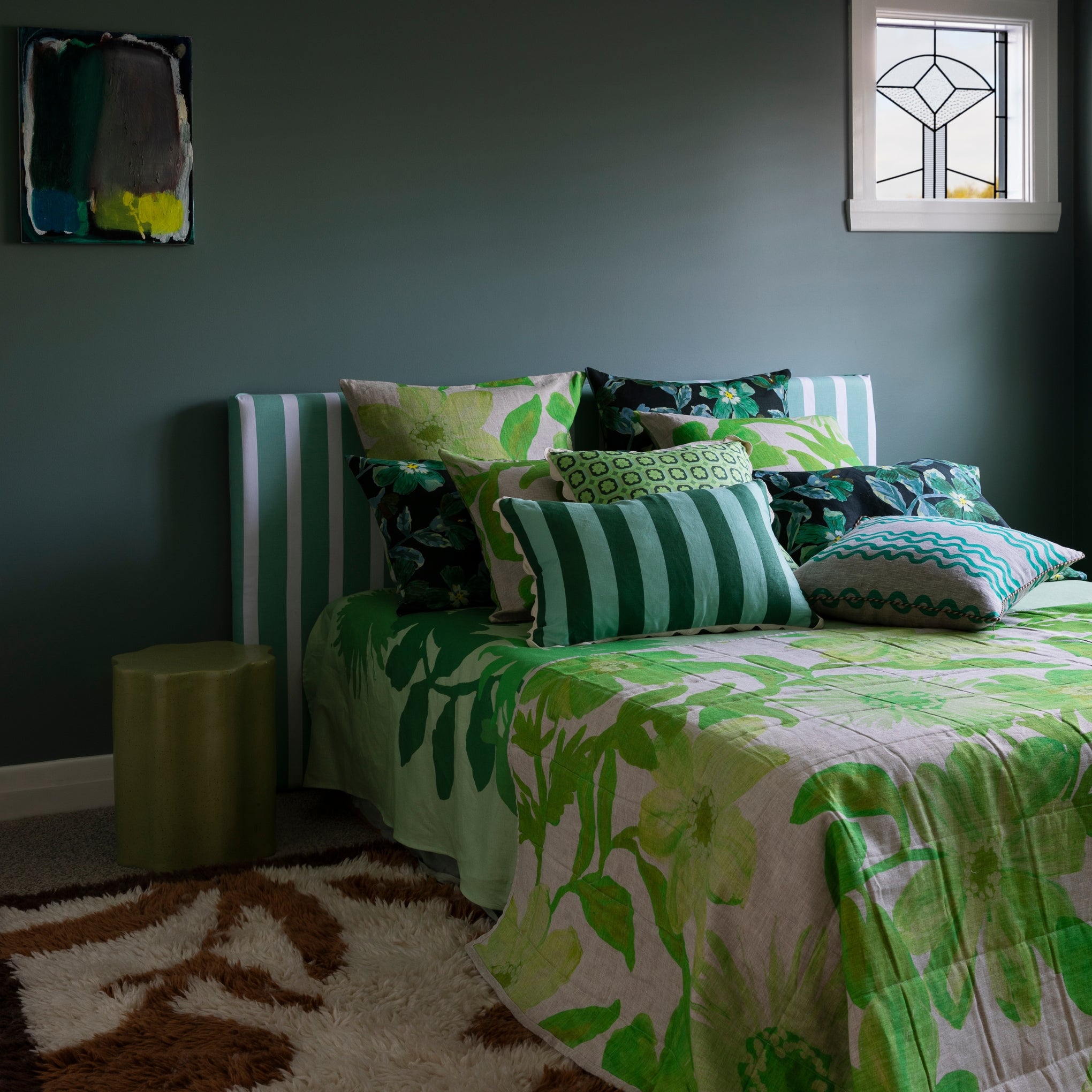 Cosmos Cornflower Green Quilted Throw | Green Throws