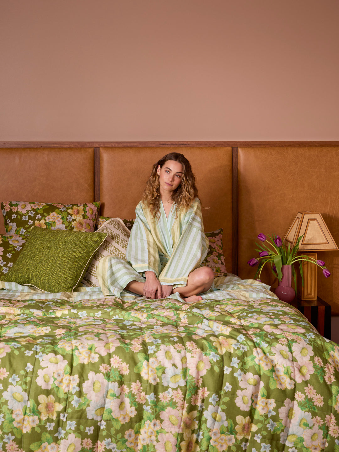 Buttercup Olive Multi Linen Quilted Throw