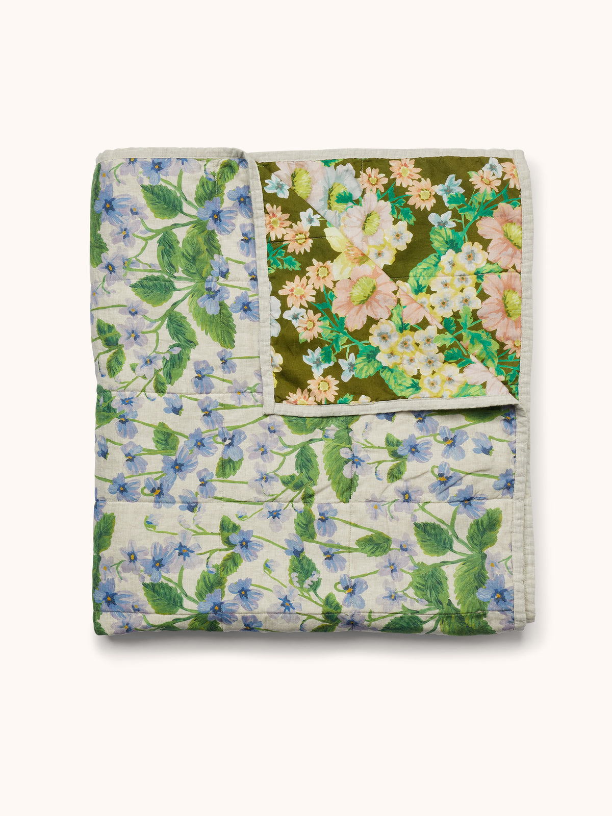 Buttercup Olive & Lilas Blue Linen Quilted Throw