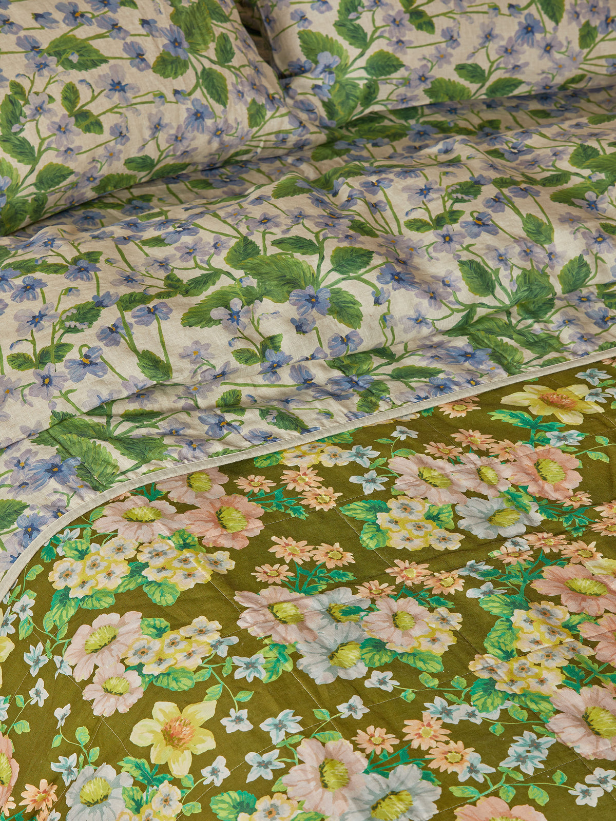 Buttercup Olive & Lilas Blue Linen Quilted Throw