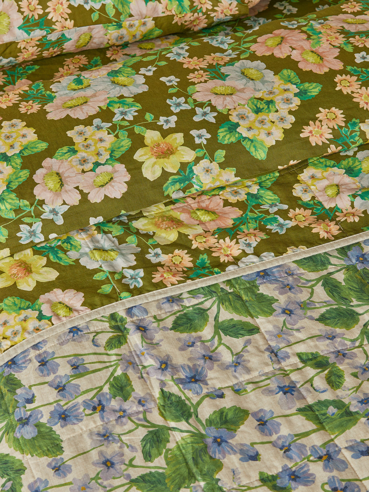 Buttercup Olive & Lilas Blue Linen Quilted Throw