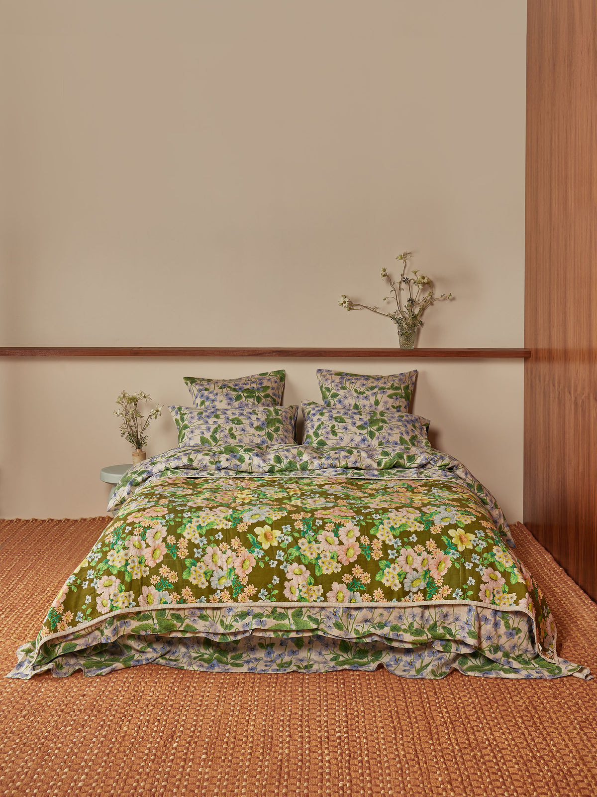Buttercup Olive & Lilas Blue Linen Quilted Throw