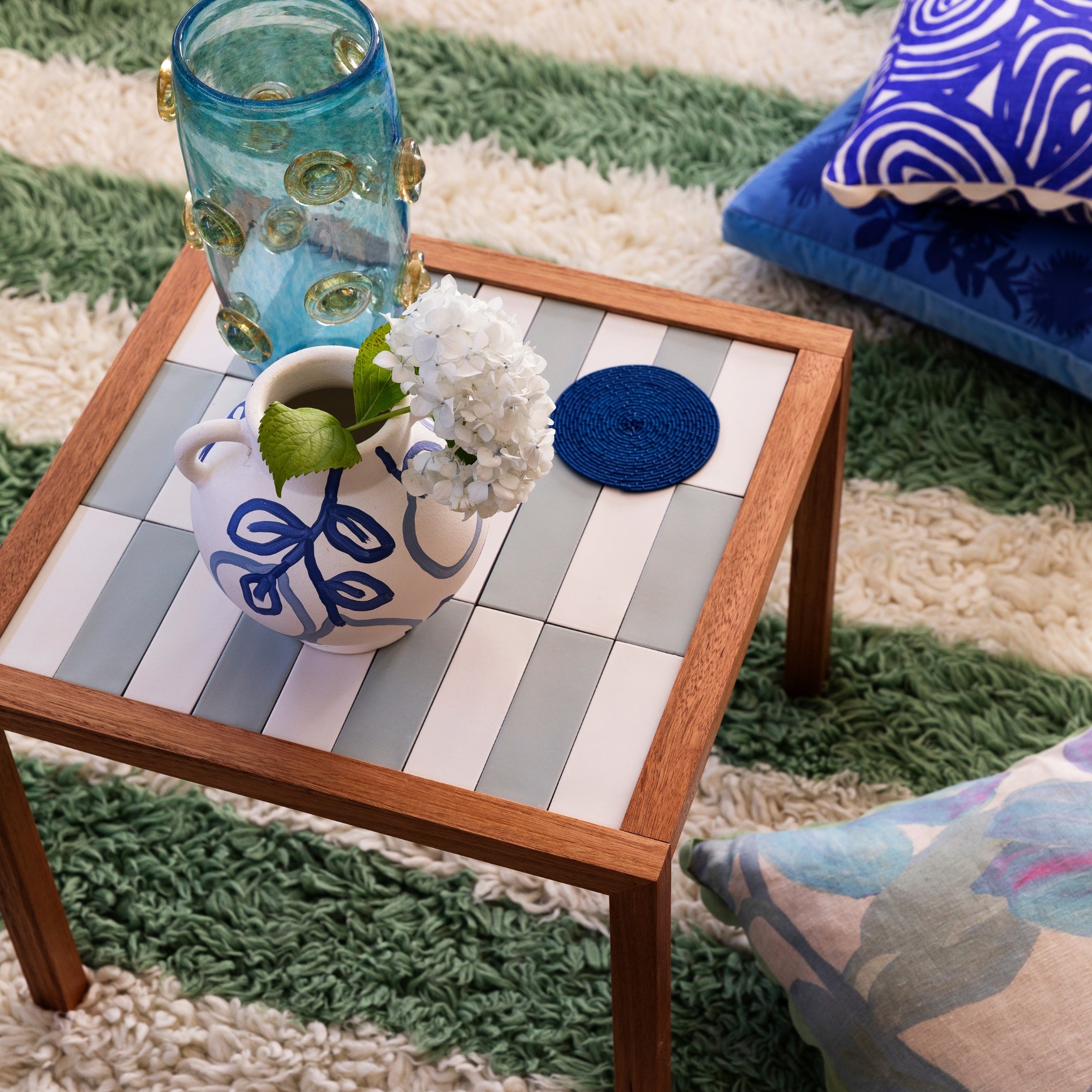 Tiled Side Table White Blue | White and Blue Side Tables