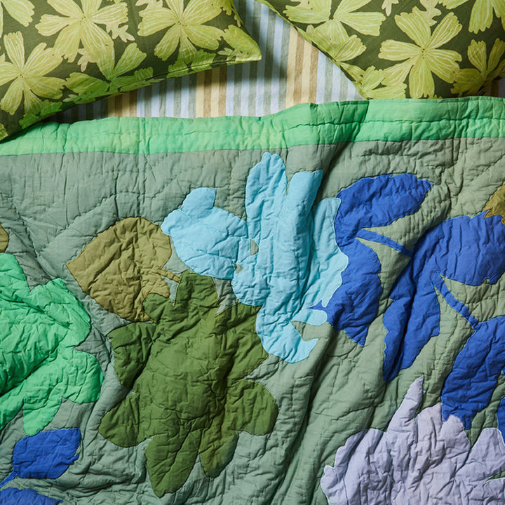 Floral Appliqué Green Bedspread