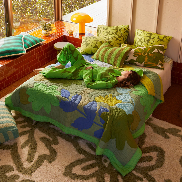 Floral Appliqué Green Bedspread