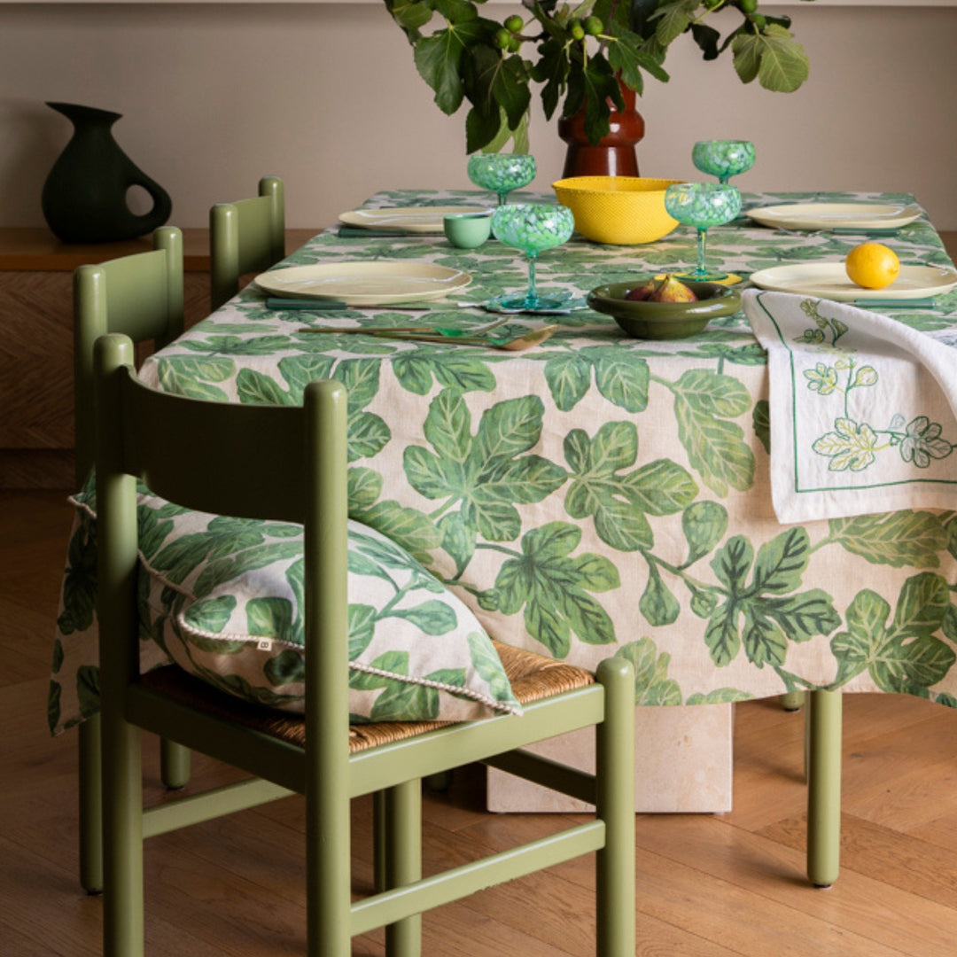 Fig Green 60x40cm Linen Cushion Styled At Indoor Dining Setting