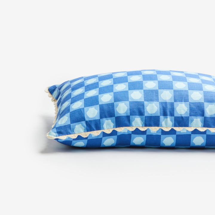Shell Check Blue 60x40cm Linen Cushion Detail | Blue Check Cushion