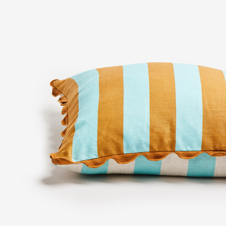 Bold Stripe Jade Tan 50cm Cushion Detail | Blue & Brown Striped Cushion