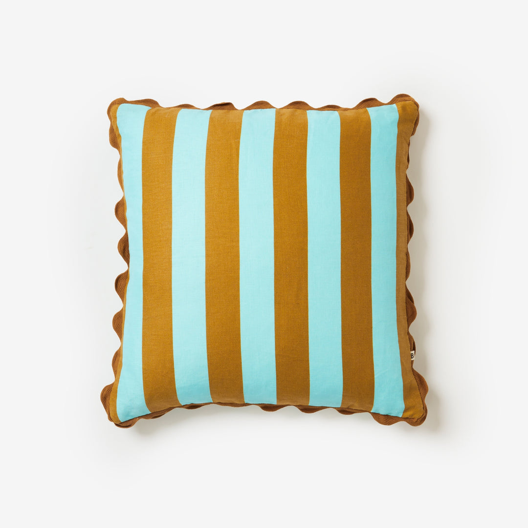 Bold Stripe Jade Tan 50cm Cushion Front | Blue & Brown Striped Cushion
