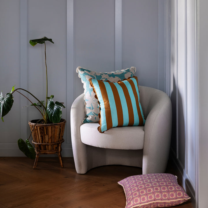Bold Stripe Jade Tan 50cm Cushion Styled On Chair | Blue & Brown Striped Cushion