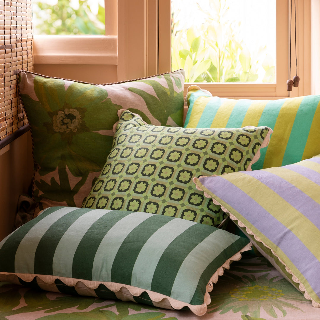 Tiny Aster Green 50cm Linen Cushion Styled On Banquette Seating With Complementary Cushions