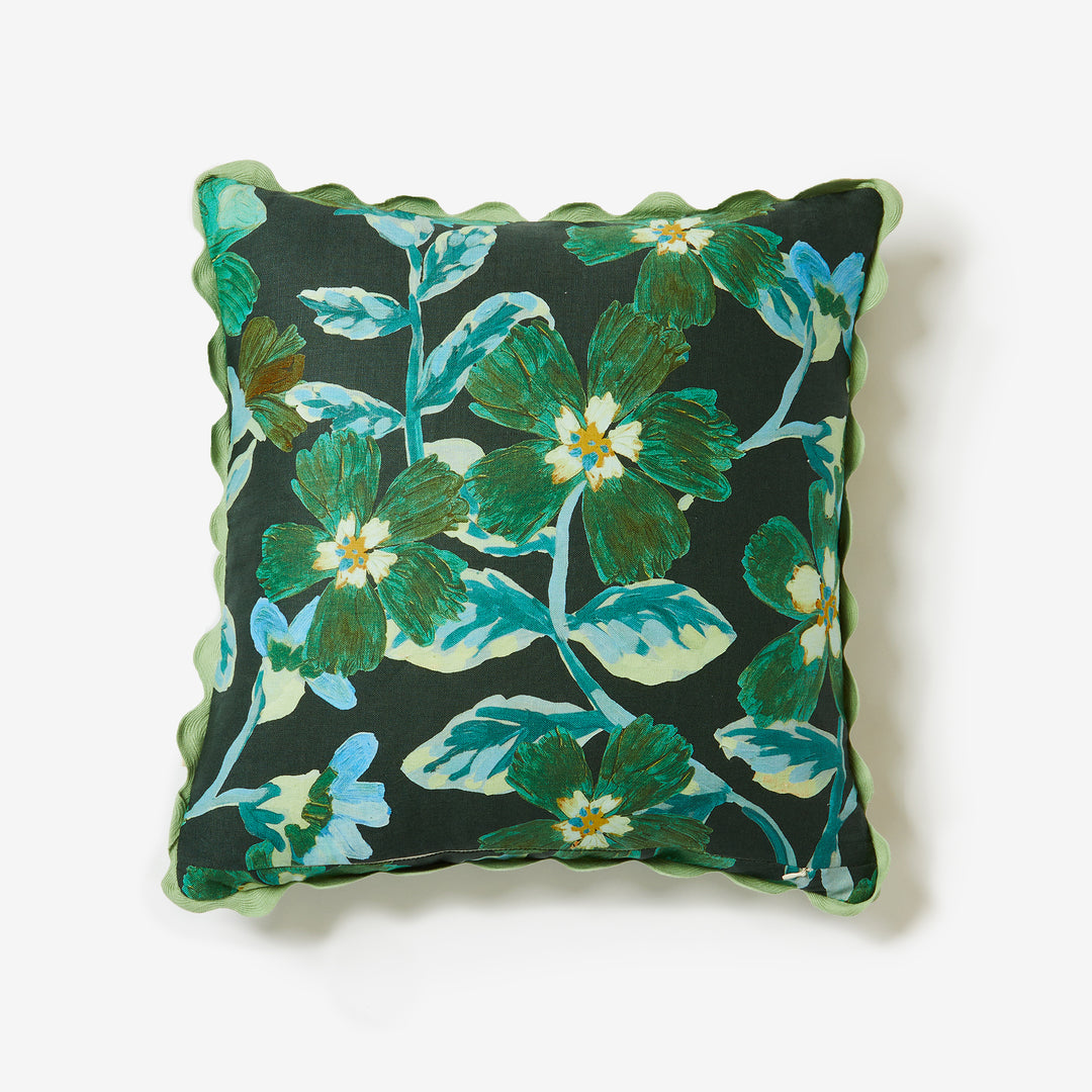 Cosmos Green 50cm Linen Cushion Back | Green & Black Floral Cushion