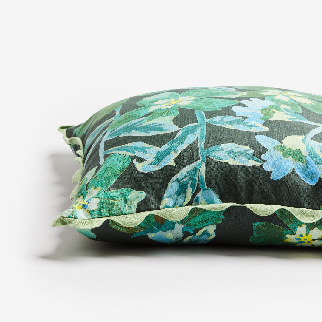 Cosmos Green 50cm Linen Cushion Detail | Green & Black Floral Cushion