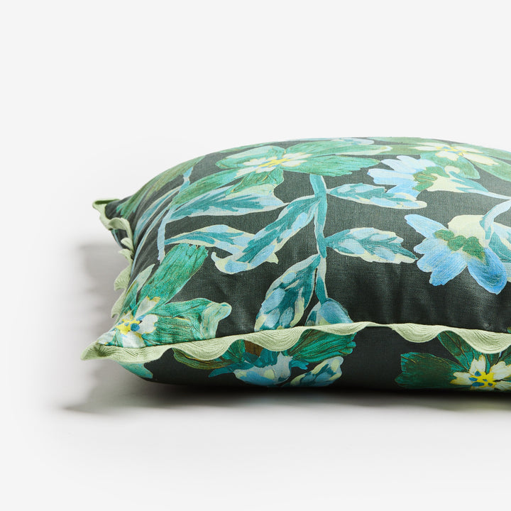 Cosmos Green 50cm Linen Cushion Detail | Green & Black Floral Cushion