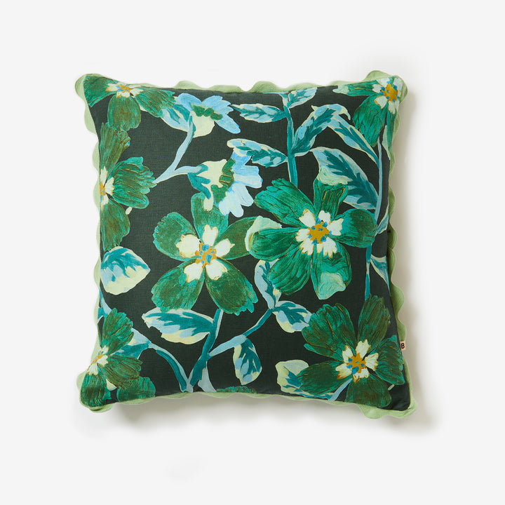 Cosmos Green 50cm Linen Cushion Front | Green & Black Floral Cushion