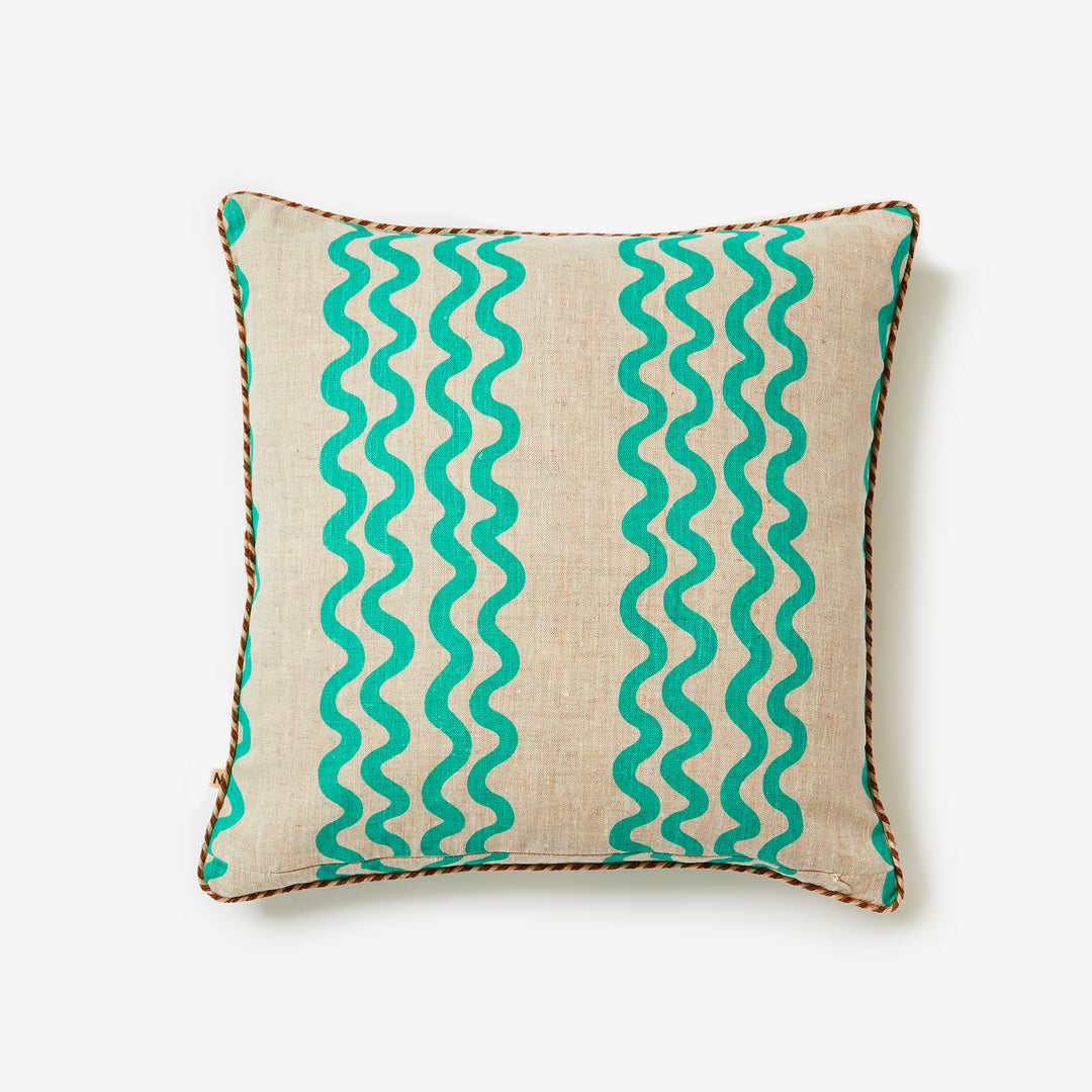 Double Waves Bright Green 50cm Linen Cushion Back | Green Waves Cushion