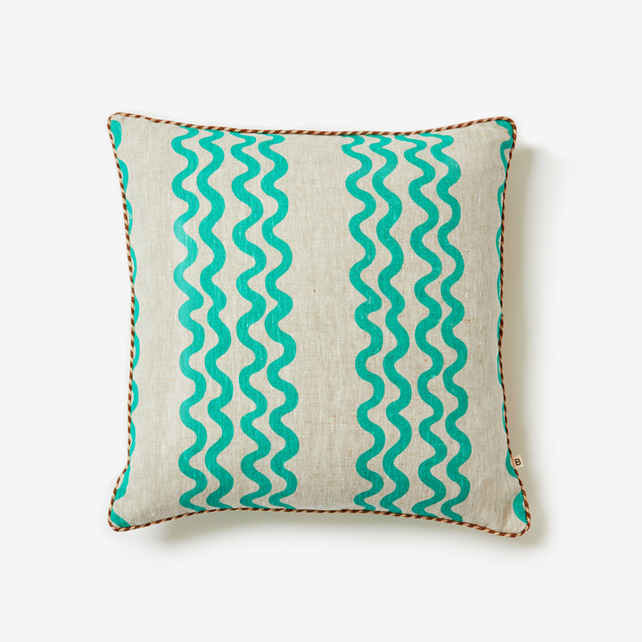 Double Waves Bright Green 50cm Linen Cushion Front | Green Waves Cushion