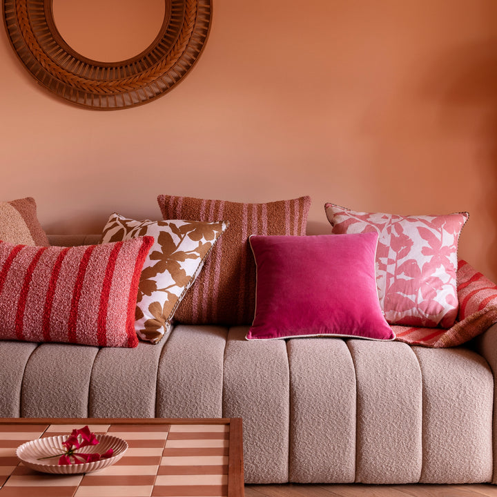 Velvet Pink Tan 50cm Cushion Styled On Beige Sofa With Complementary Cushions