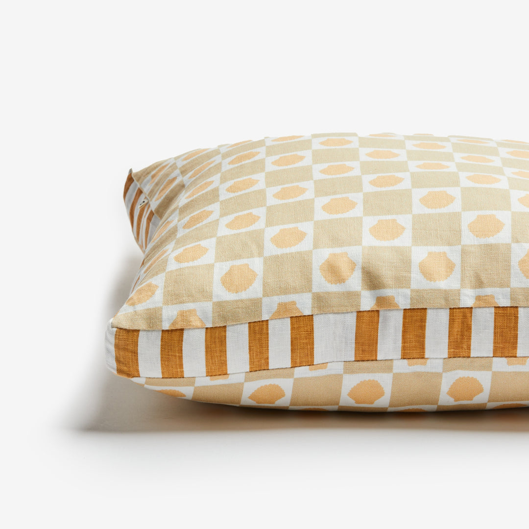 Shell Check Sand Pink 50cm Linen Cushion Detail | Beige Check Cushion