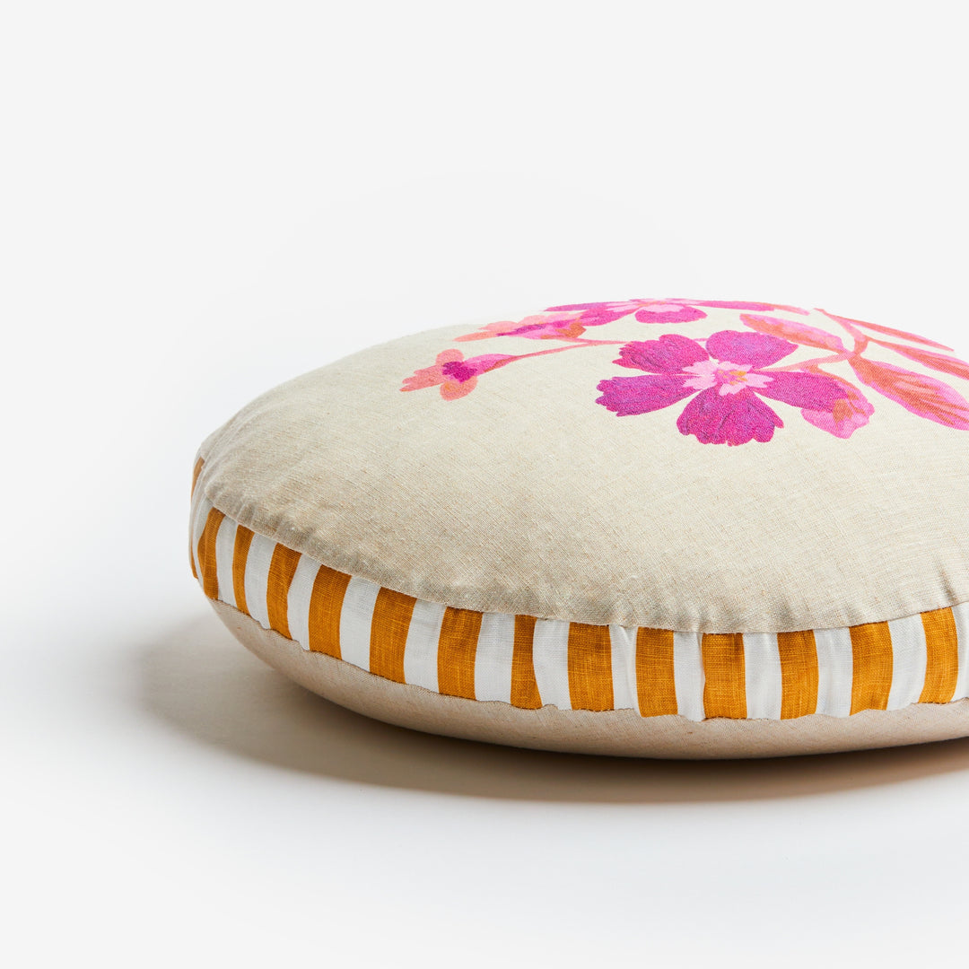 Cosmos Pink 50cm Round Linen Cushion Detail | Pink Floral Cushion