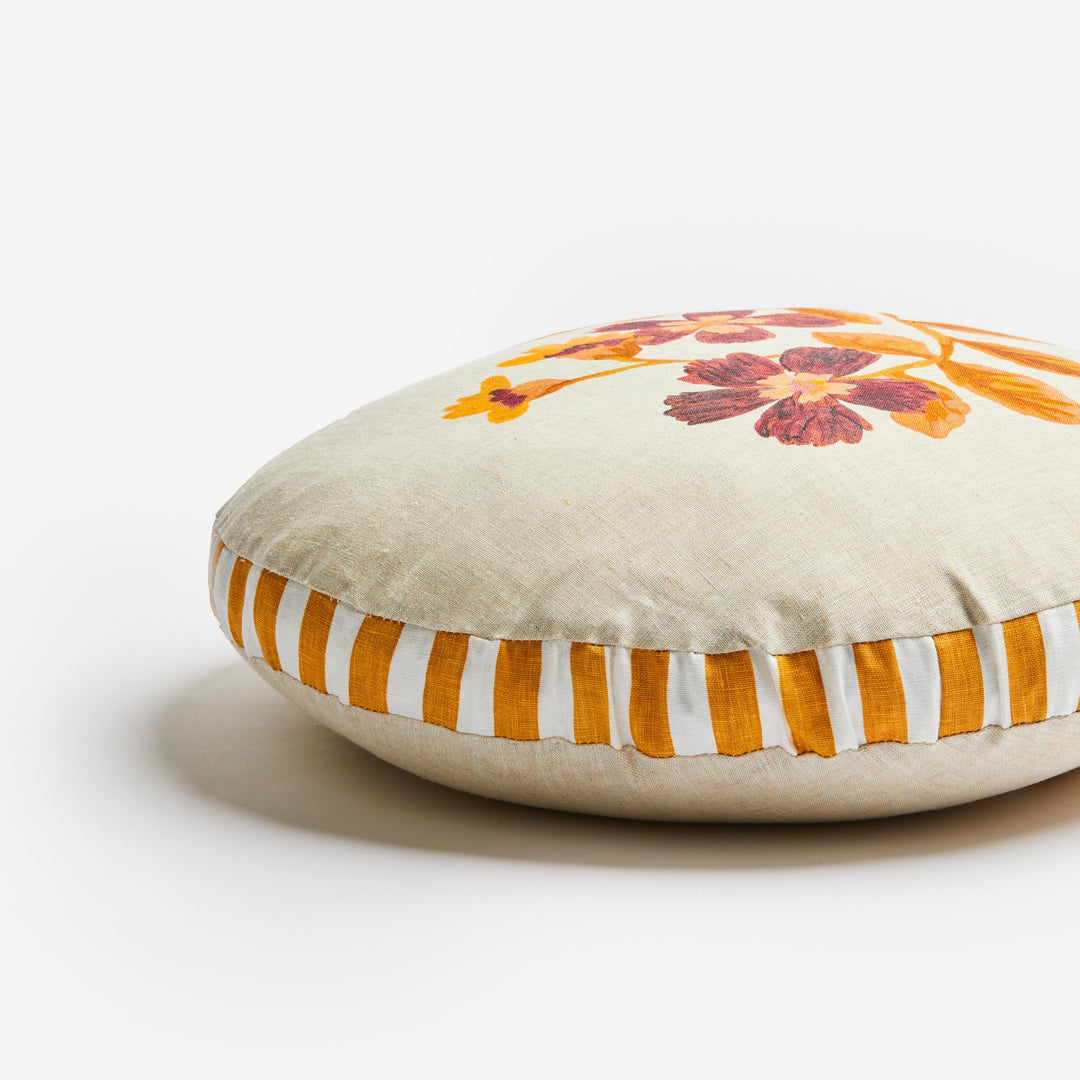 Cosmos Tan 50cm Round Linen Cushion Detail | Brown Floral Cushion