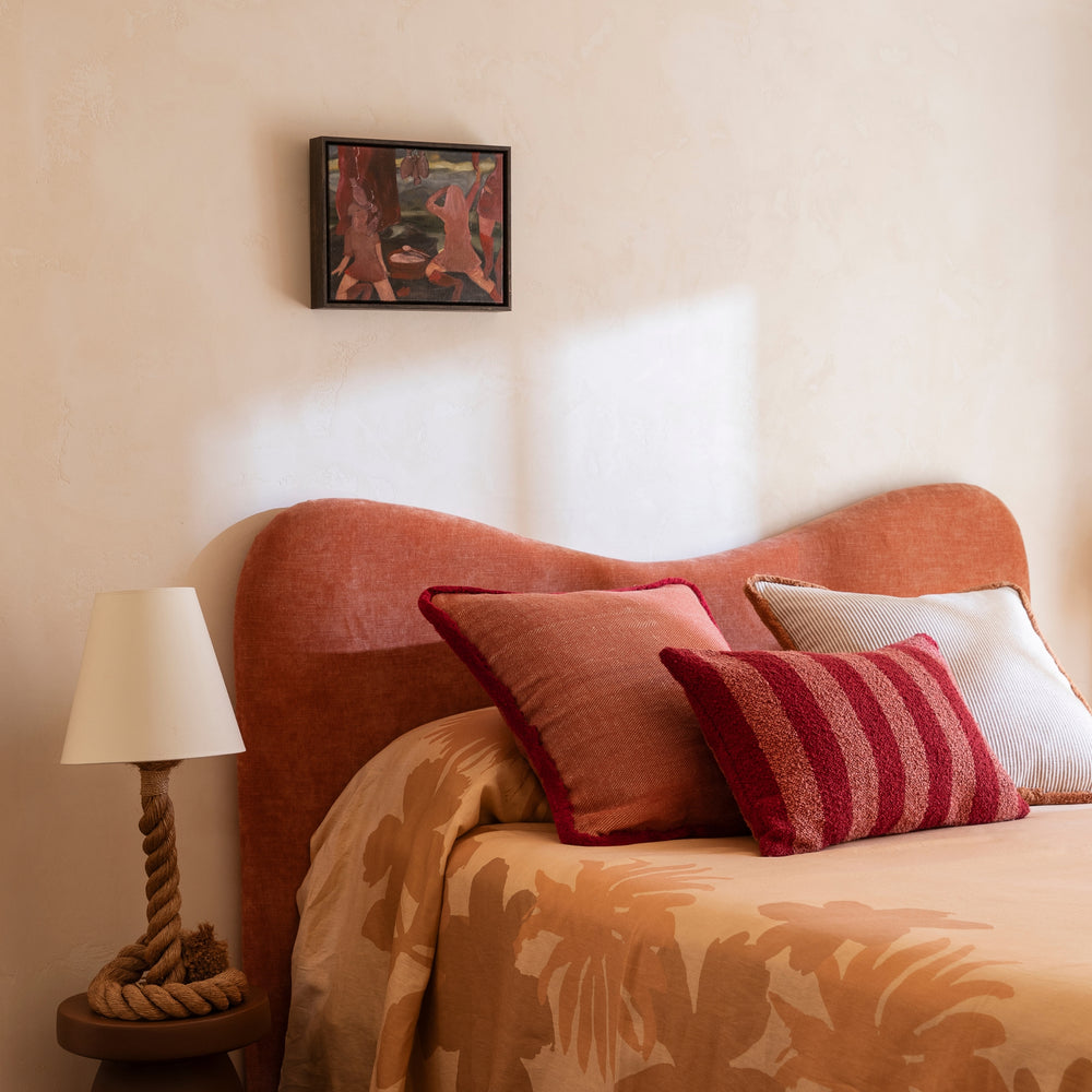 Boucle Stripe Burgundy 60x40cm Cushion Styled On Bed With Flora Bed Cover, Nile & Levan Cushions