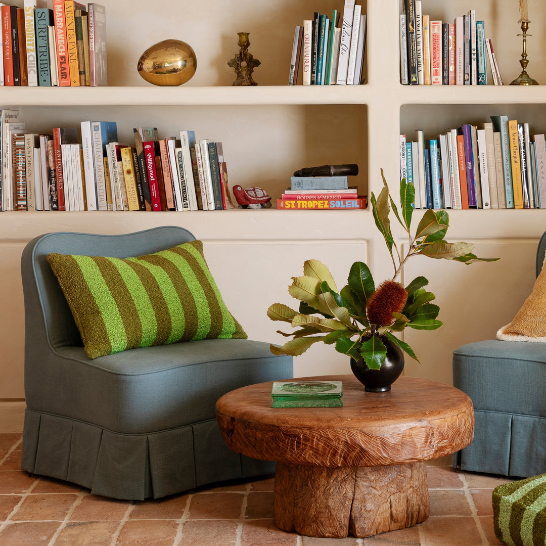 Boucle Stripe Acid Green 60x40cm Cushion Styled On Blue Armchair