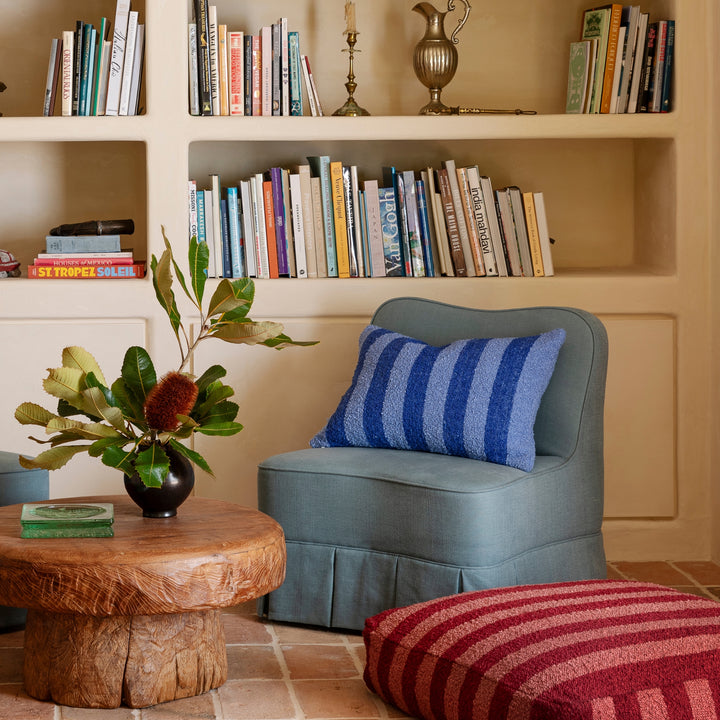 Boucle Stripe Blue 60x40cm Cushion Styled On Blue Armchair