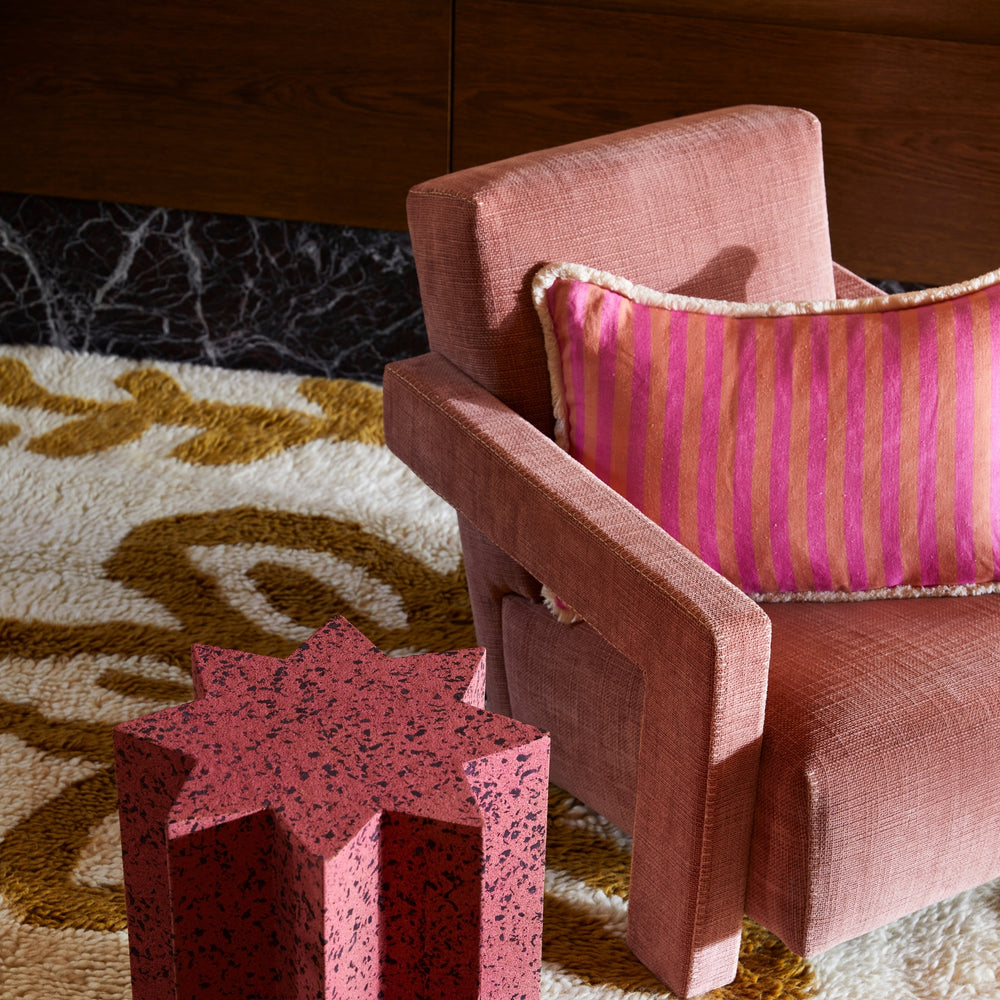 Thin Stripe Pink 60x40cm Cushion Styled On Pink Armchair With Cork Star Side Table Pink