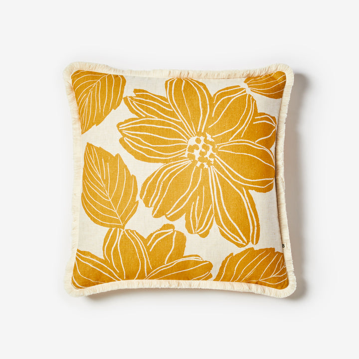 Margot Mustard 50cm Cushion Front | Yellow Floral Linen Cushion