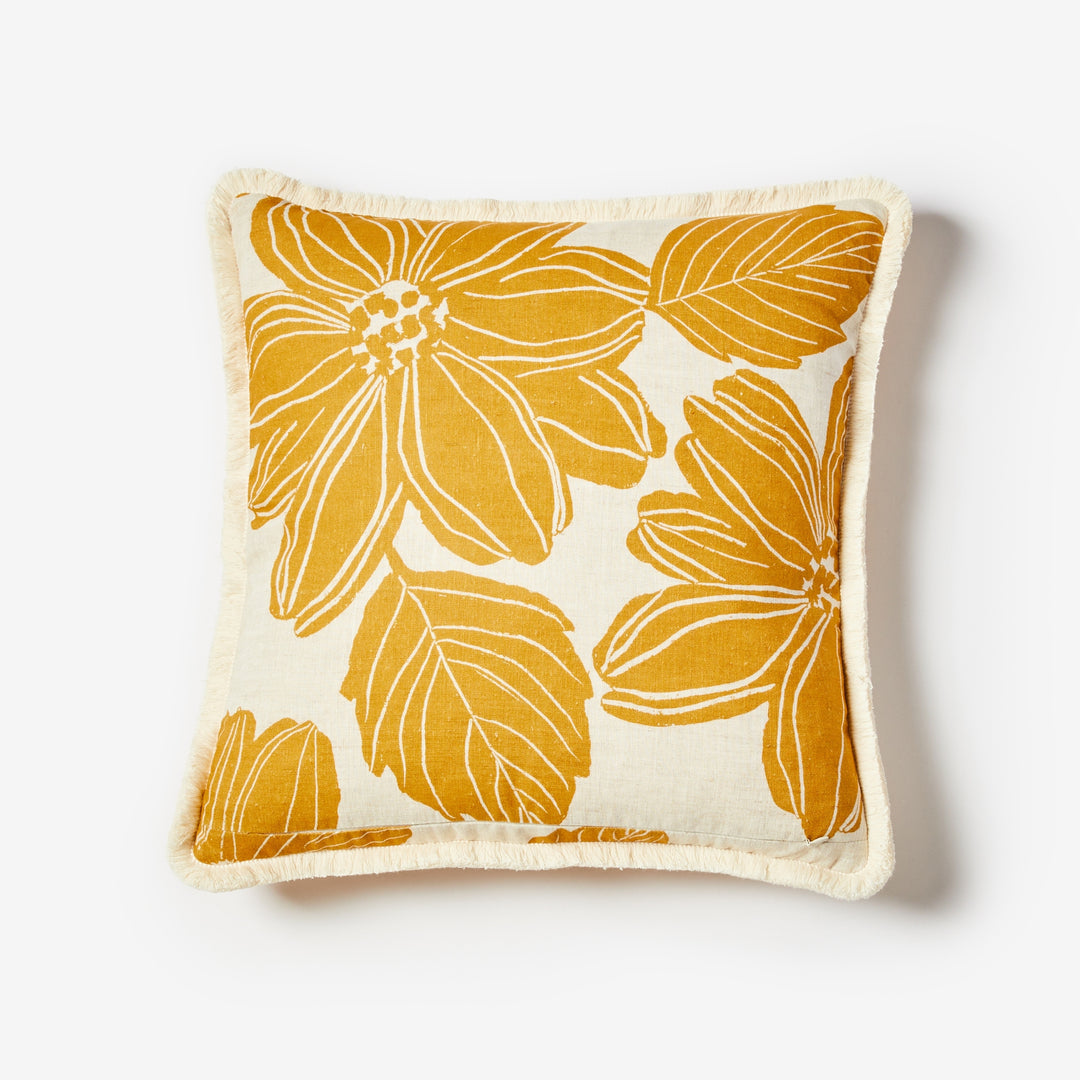 Margot Mustard 50cm Cushion Back | Yellow Floral Linen Cushion