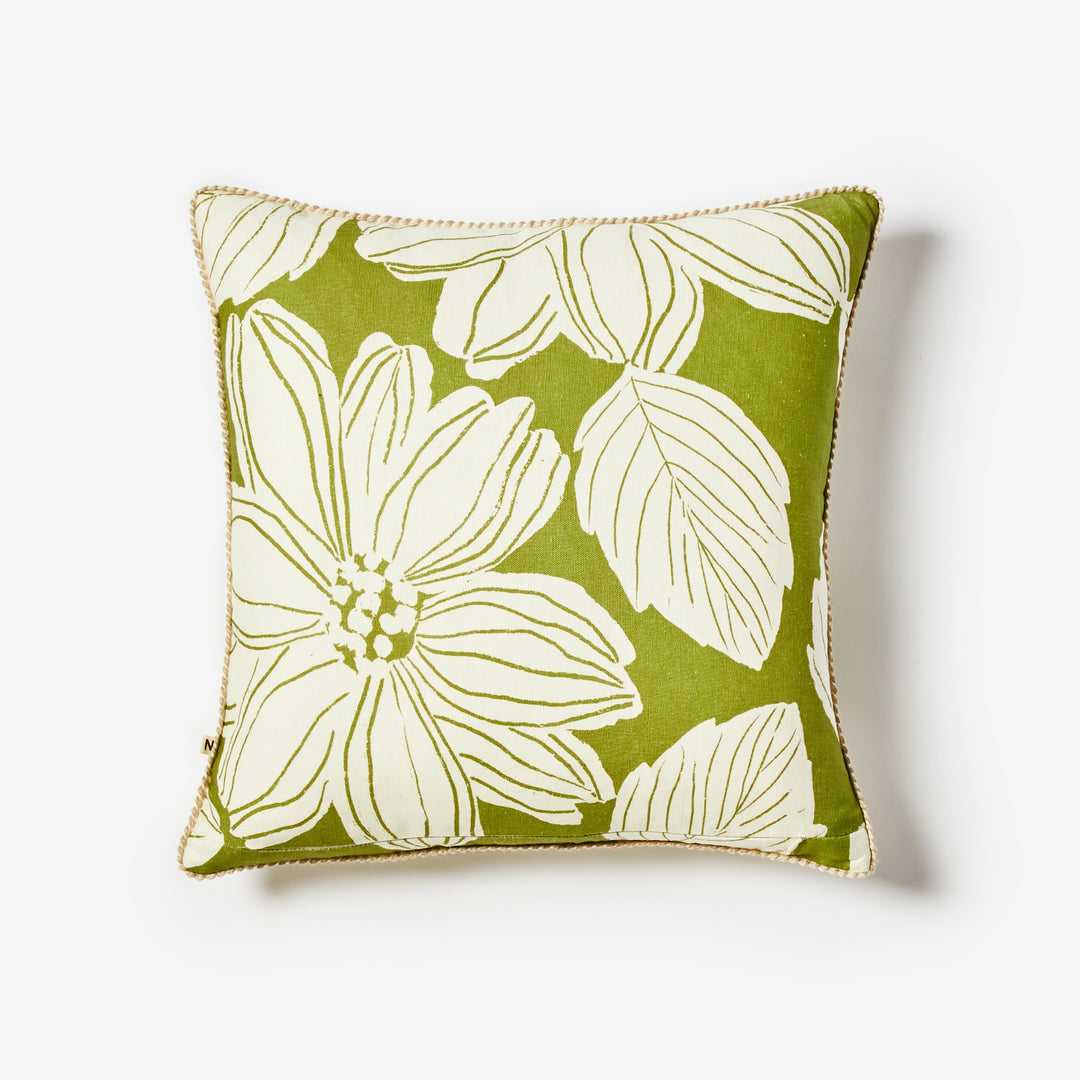 Margot Khaki 50cm Cushion Back | Green Floral Linen Cushion