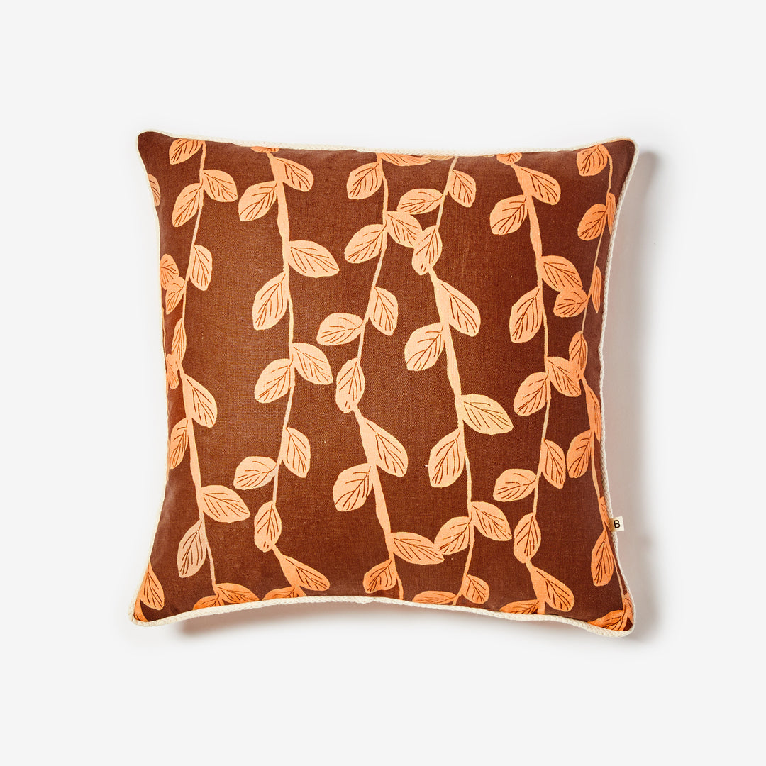 Little Leaf Tan 50cm Cushion Front | Tan Leaf Linen Cushion