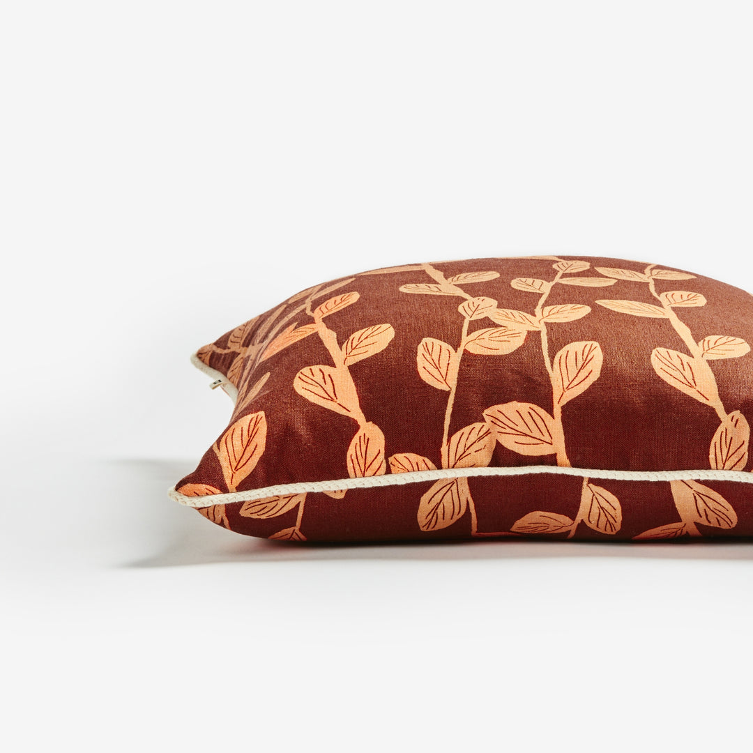 Little Leaf Tan 50cm Cushion Detail | Tan Leaf Linen Cushion