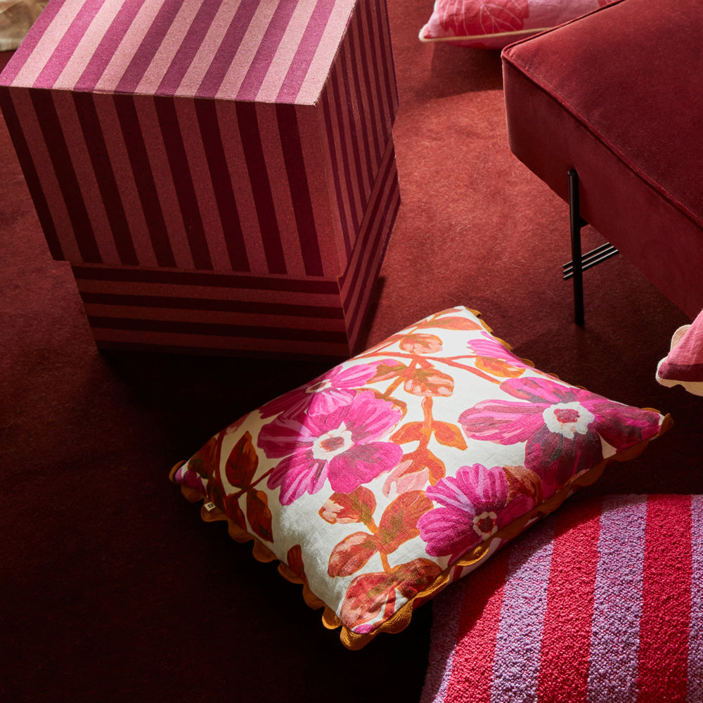 Rosetta Pink 50cm Cushion Styled With Cork Square Side Table Stripe Pink