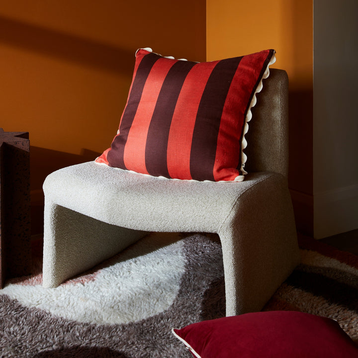 Wine Velvet 50cm Cushion Styled On Cream Armchair