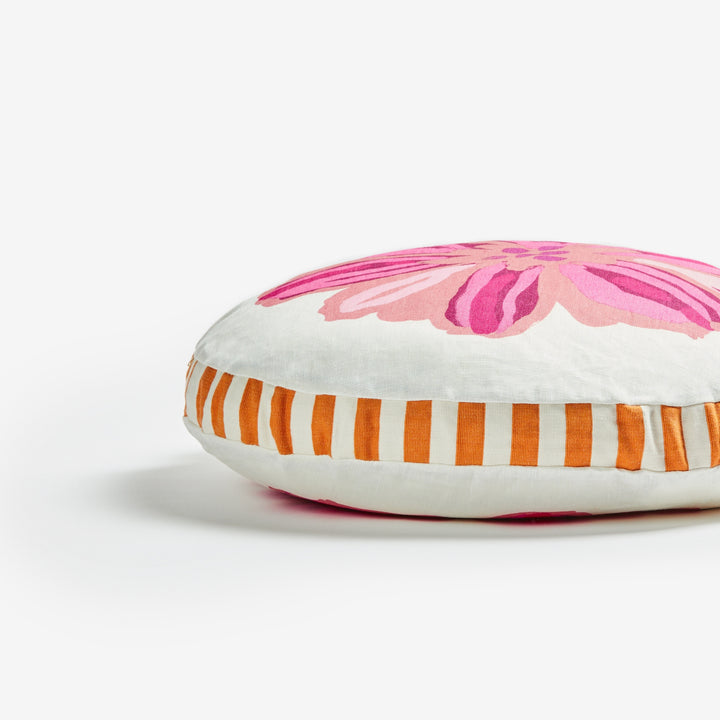 Candy Pink Round 50cm Cushion Detail | Pink Floral Round Linen Cushion