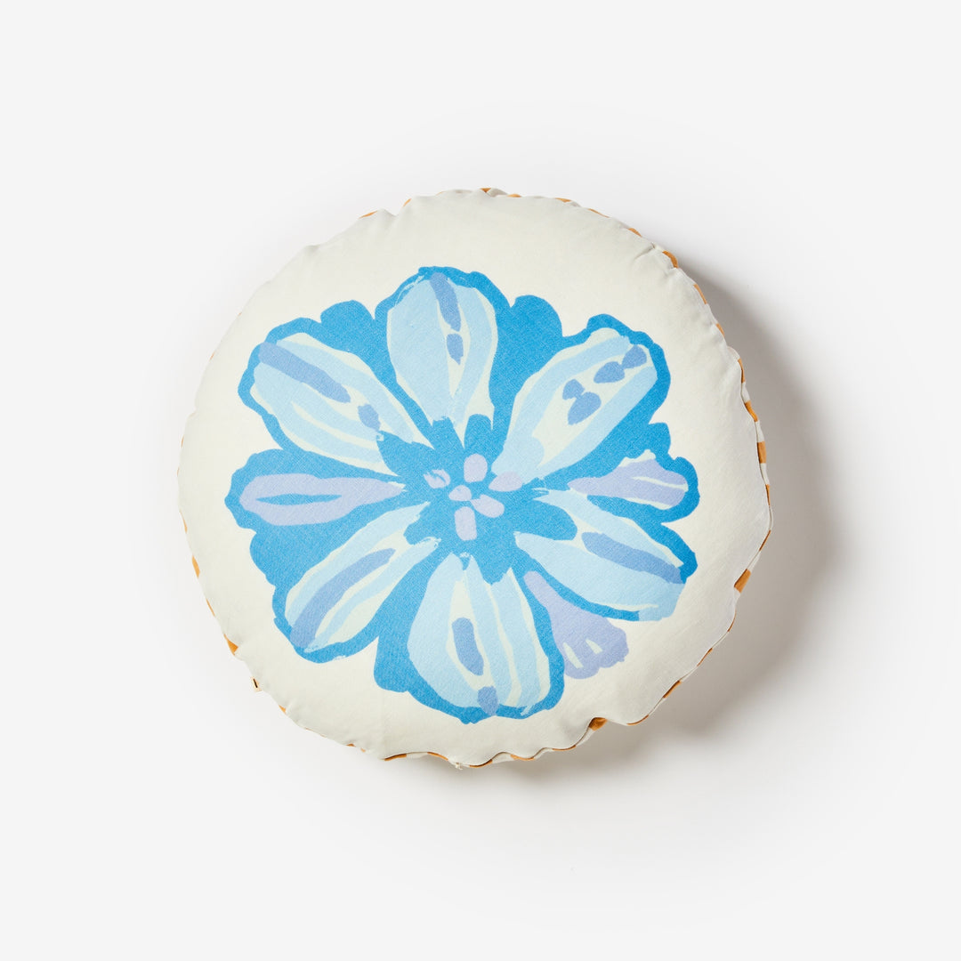 Candy Blue Round 50cm Cushion Back | Blue Floral Round Linen Cushion