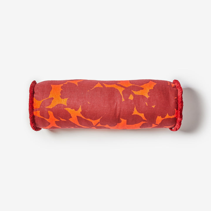 Carmine Rust 60x20cm Bolster Overhead | Burgundy Floral Linen Cushion